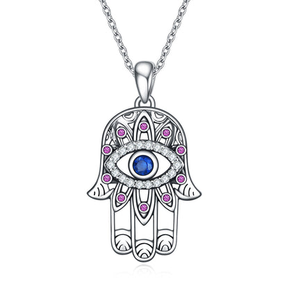 Women Girl's Sterling Silver Hamsa Hand Necklace Good Luck Vintage Fatima Hand Pendant Charm Evil Eye Necklace