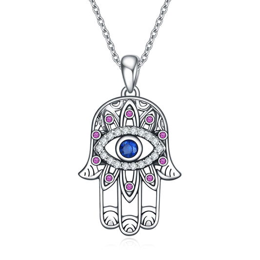 Women Girl's Sterling Silver Hamsa Hand Necklace Good Luck Vintage Fatima Hand Pendant Charm Evil Eye Necklace