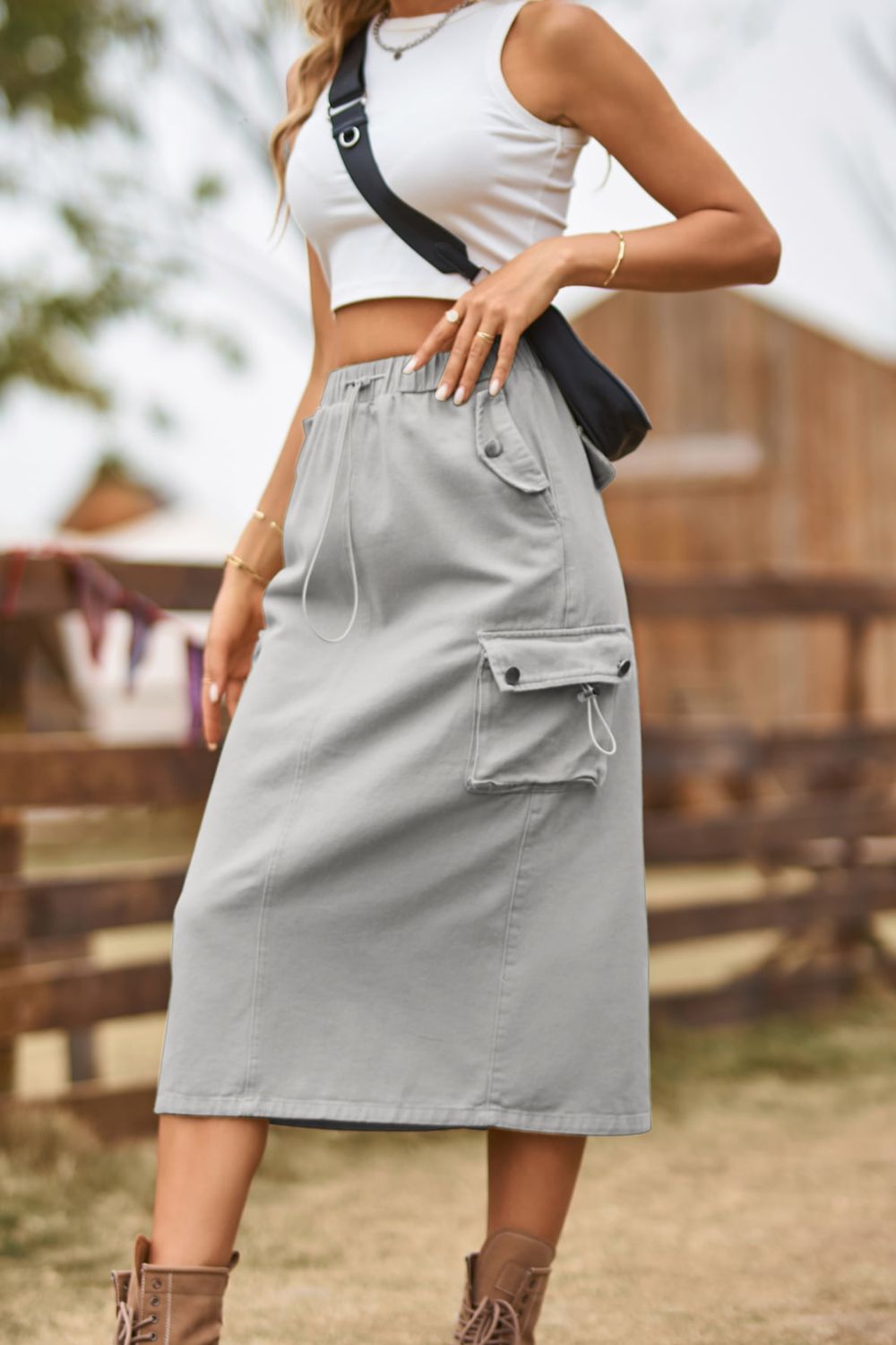 Women's Drawstring Waist Slit Denim Jean Skirt