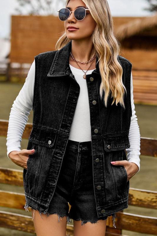 Women's Sleeveless Collared Neck Denim Vest with Pockets