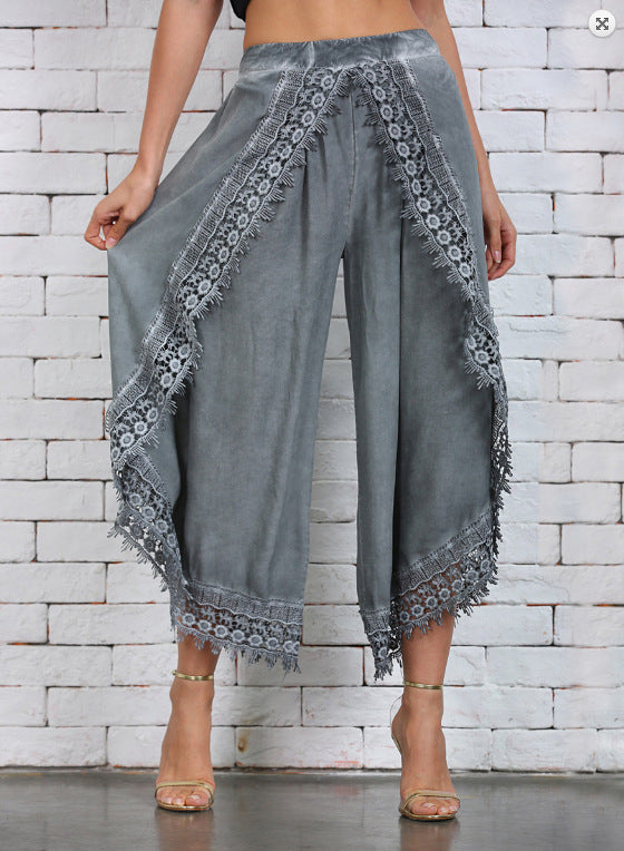 Women's Lace Trim Design Layered Denim Pants
