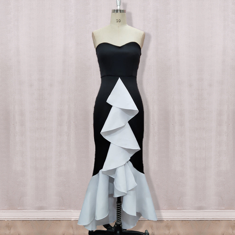 Women's Black White Full Length Triangular Ruffled Dress