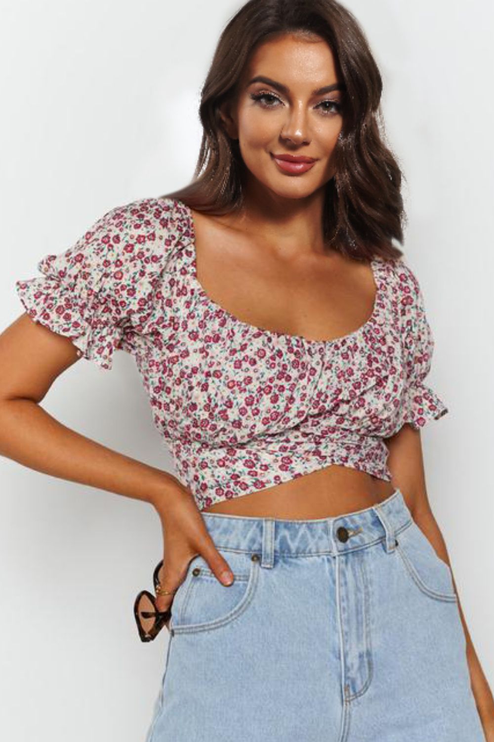 Women's Flower Print Ruffle Trim Off-Shoulder Back Tie Blouse