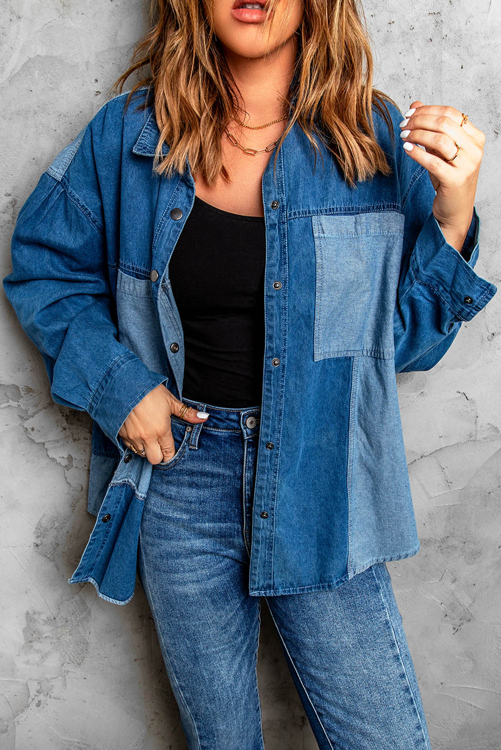 Women's Color Block Snap Denim Jacket