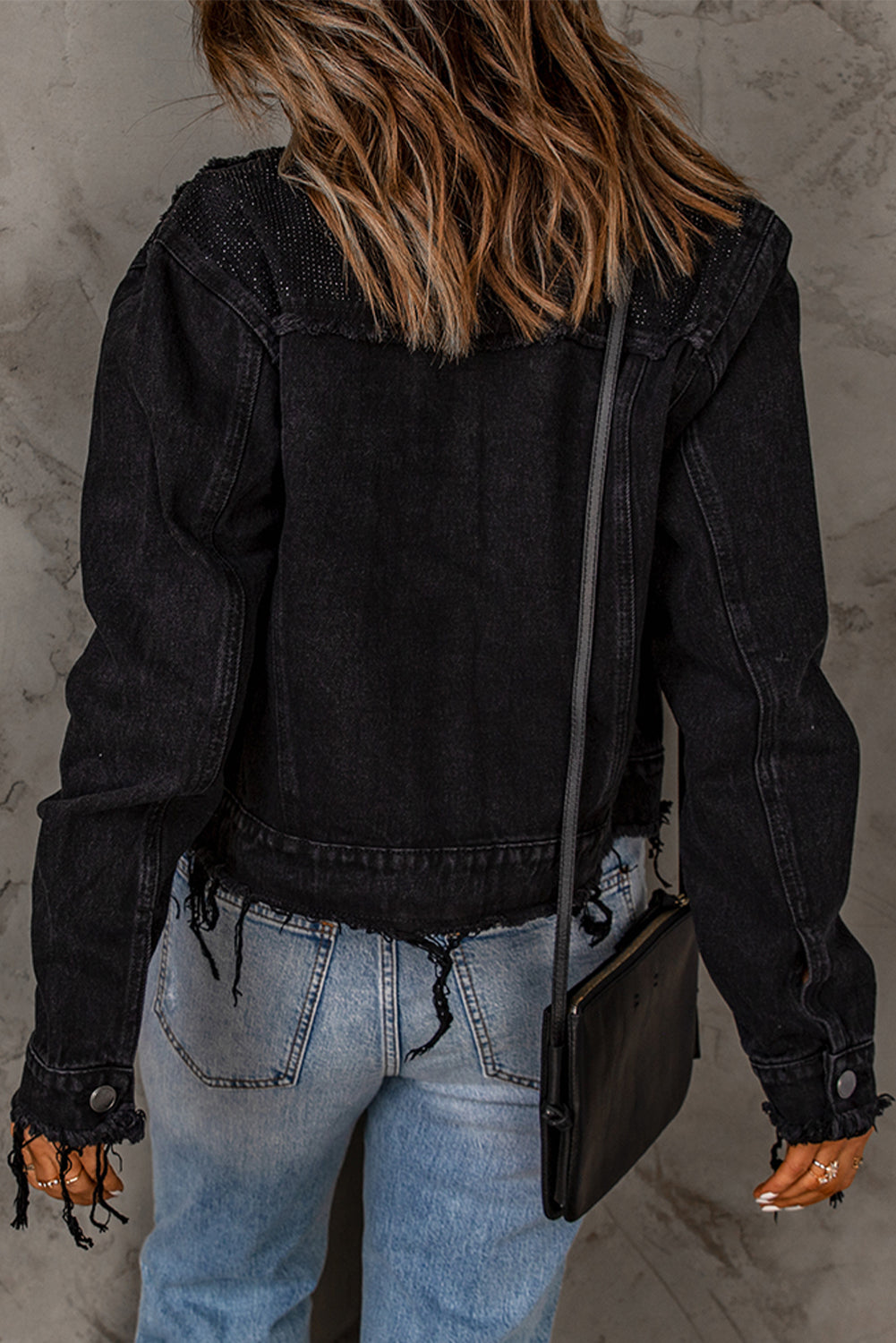 Women's Black Frayed Trim Button Down Denim Jacket