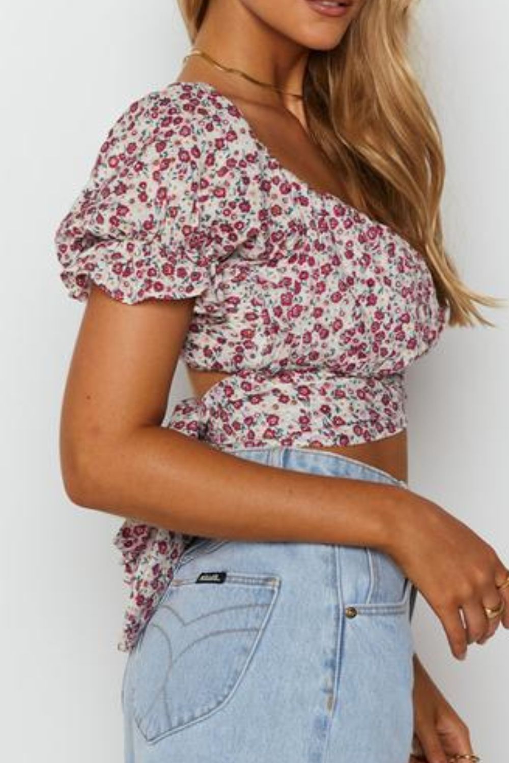 Women's Flower Print Ruffle Trim Off-Shoulder Back Tie Blouse