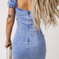 Women's Buttoned Short Puff Sleeve Denim Bodycon Dress