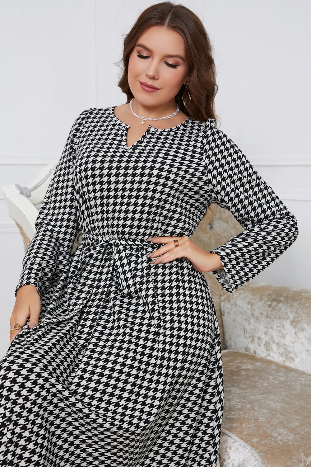 Women's Melo Plaid Plus Tie Belt Maxi Dress