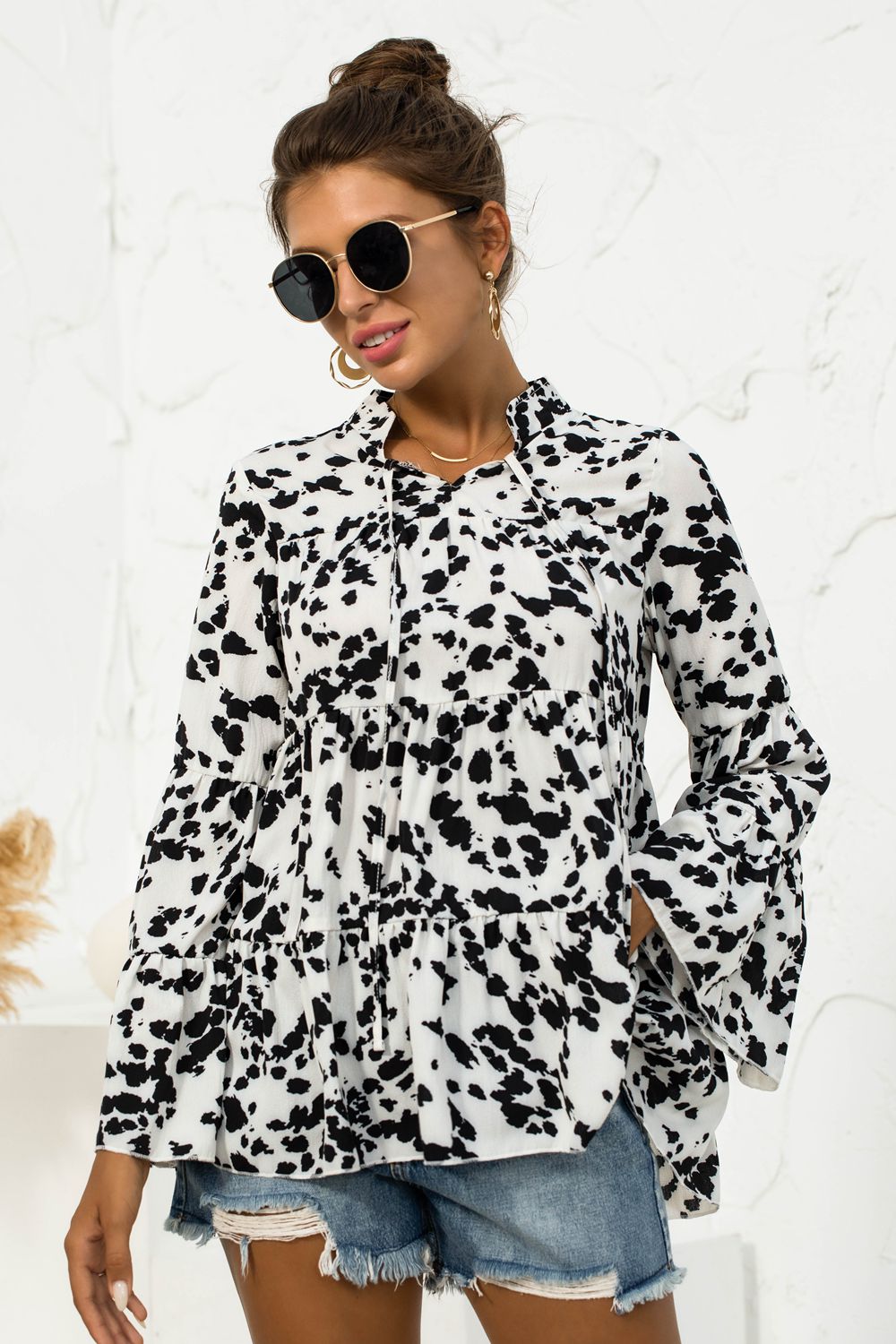 Women's Printed Flare Sleeve Tie Neck Ruffle Trim Blouse