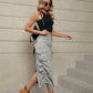Women's Drawstring Ruched Slit Denim Midi Skirt