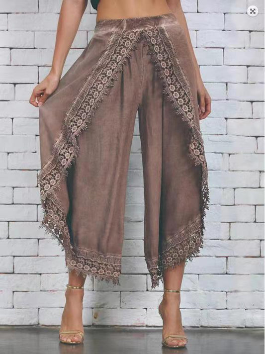 Women's Lace Trim Design Layered Denim Pants