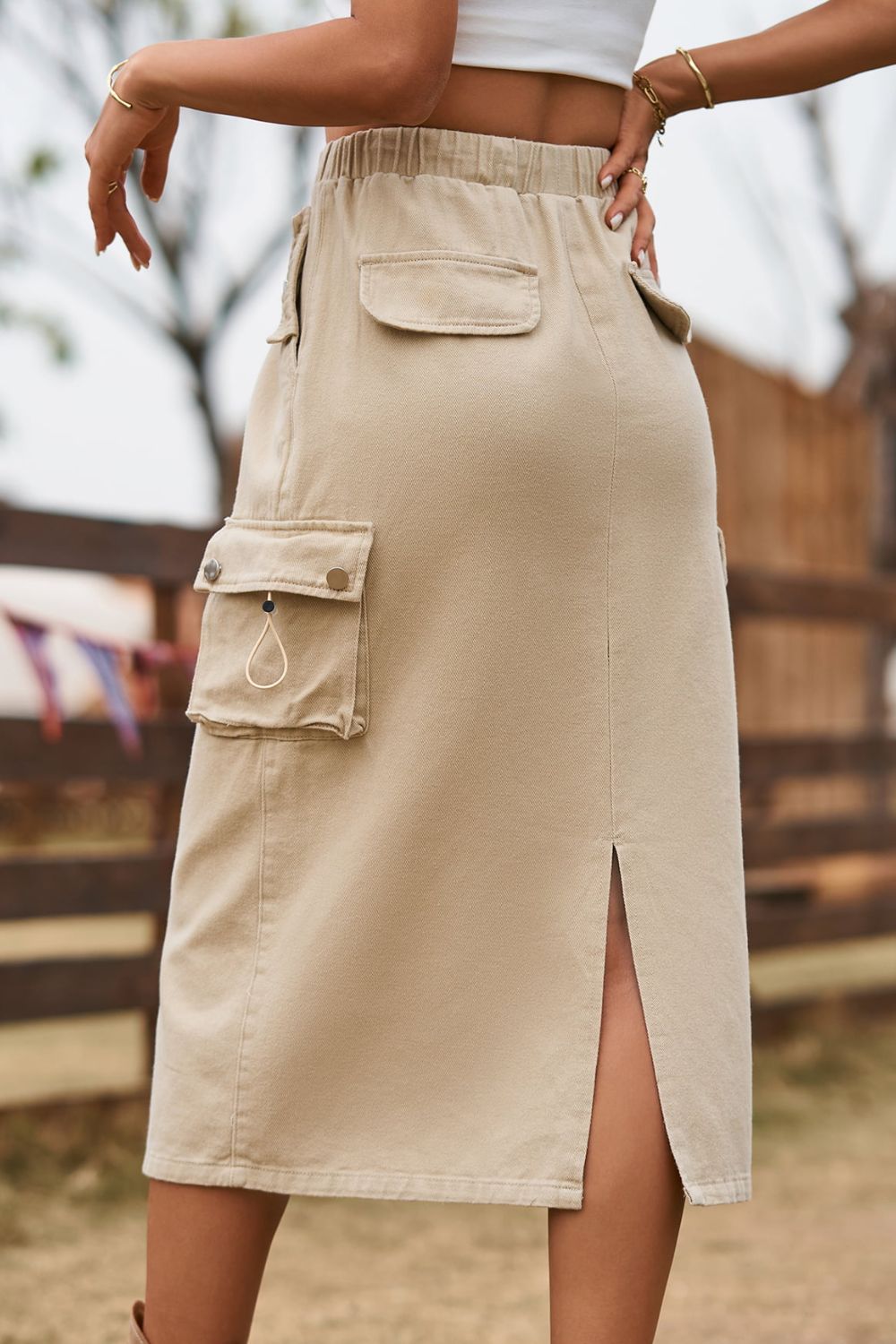 Women's Drawstring Waist Slit Denim Jean Skirt