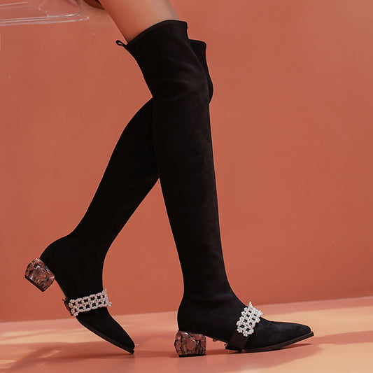 Women's Suede Leather Velvet Pointed Toe Crystal Chunky Heel Boots