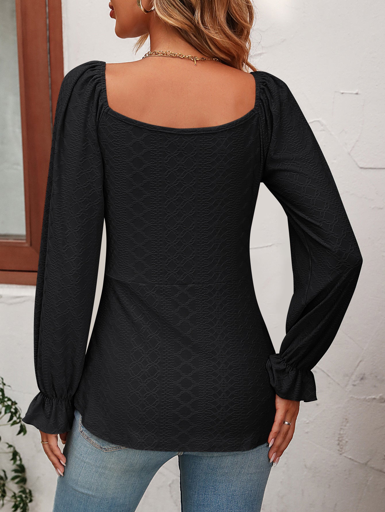 Women's Tie Front V-Neck Puff Sleeve Blouse
