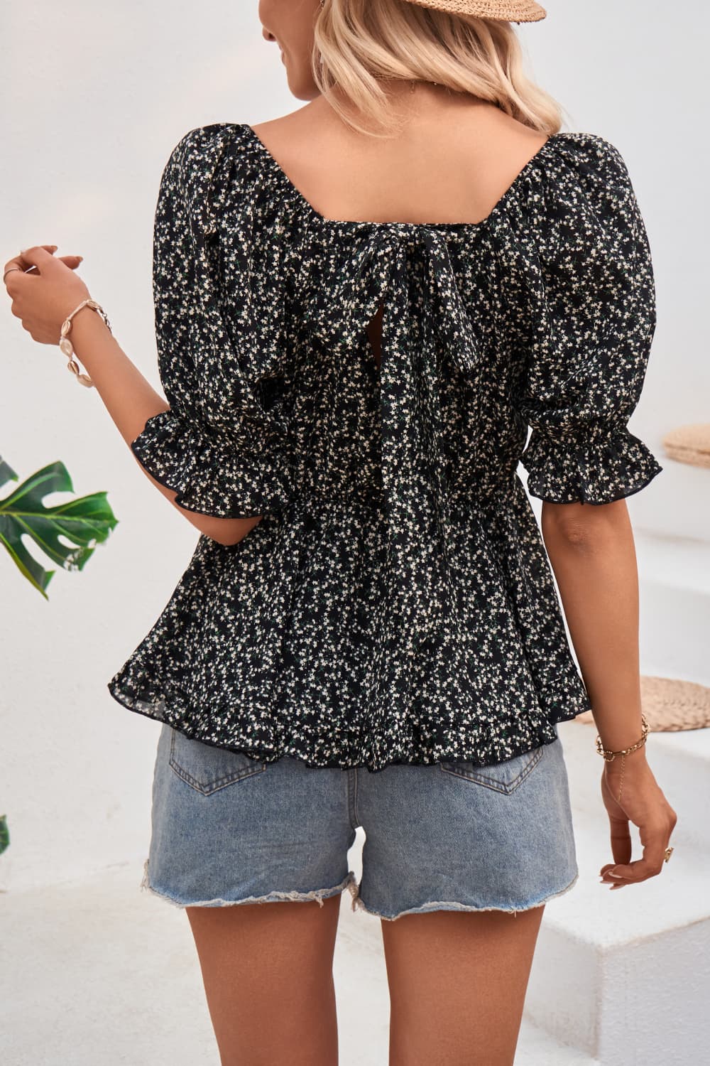Women's V-Neck Flounce Sleeve Blouse