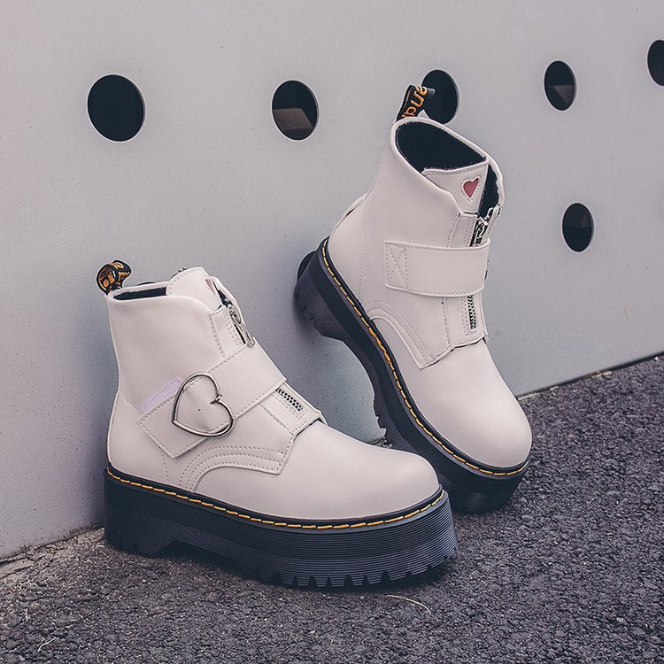 Teens Women's Short White Burgundy Black Platform Heart Lace-up Ankle Boots