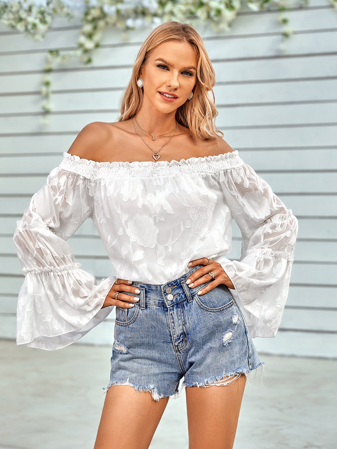 Women's Applique Flounce Sleeve Off-Shoulder Blouse