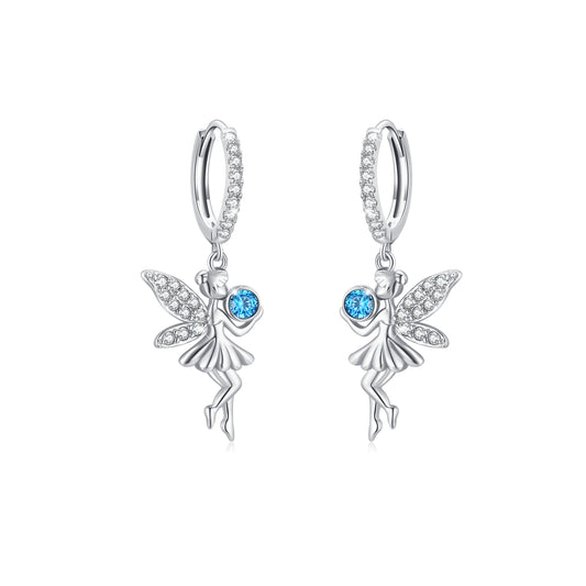 Women's 925 Sterling Silver Fairy Angel Dangle Guardian Tinkerbell Huggie Hoop Dangle Drop Earrings Jewelry Women Girls