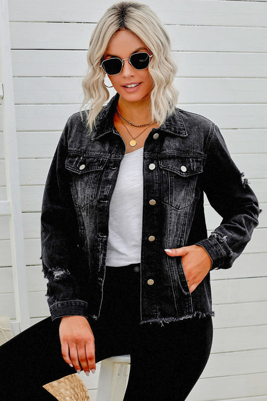 Women's Distressed Raw Hem Denim Jean Jacket
