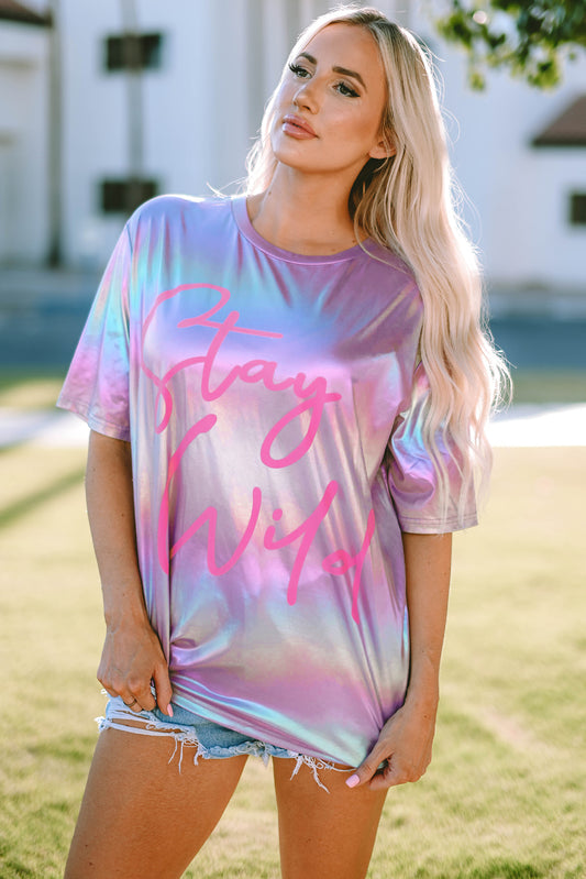 Women's STAY WILD Round Neck Short Sleeve Holographic Tee