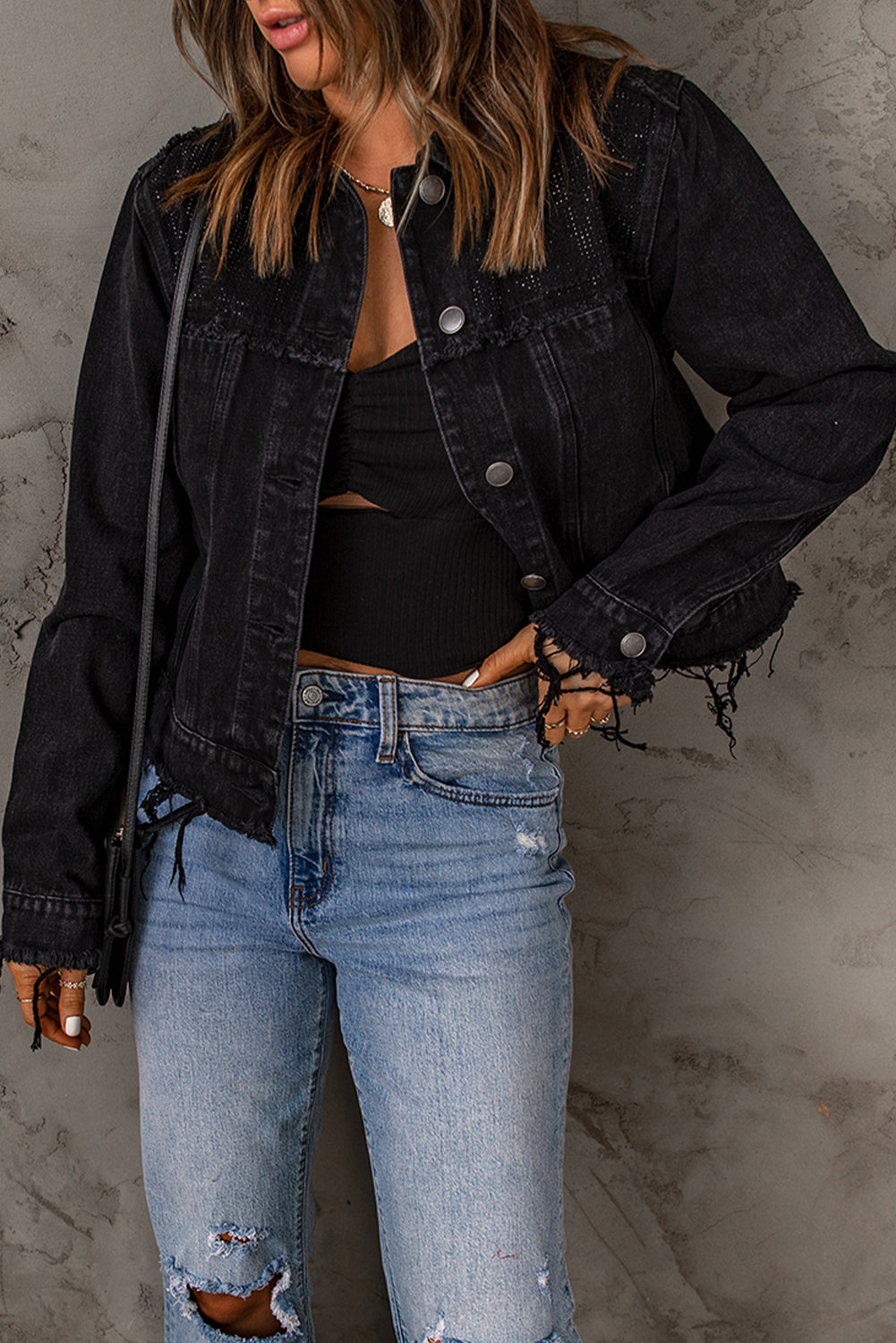 Women's Black Frayed Trim Button Down Denim Jacket