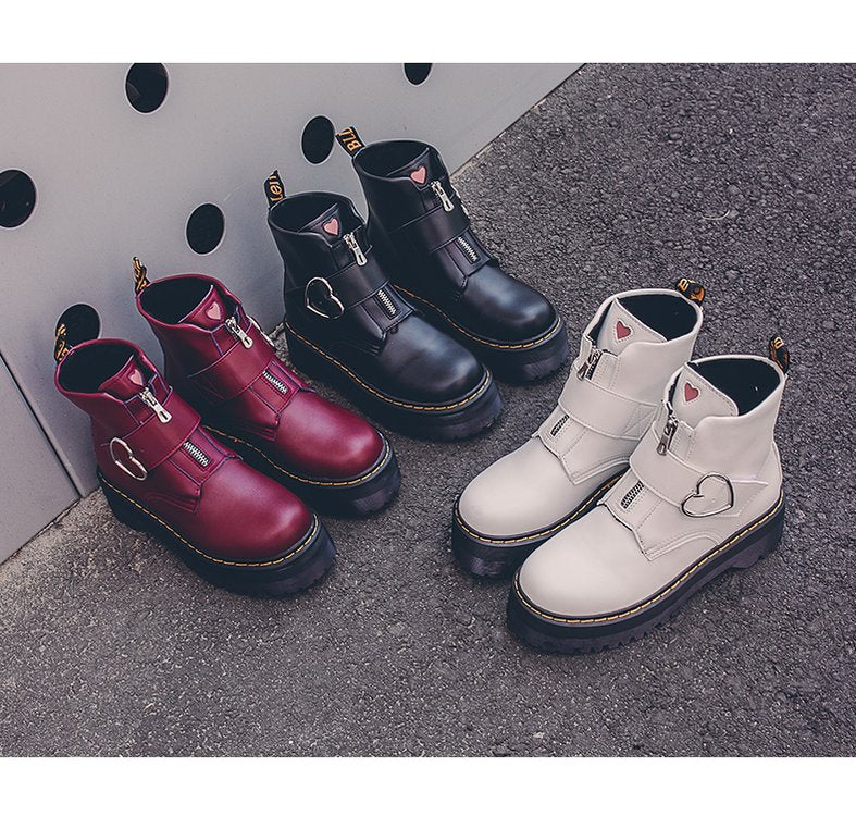 Teens Women's Short White Burgundy Black Platform Heart Lace-up Ankle Boots