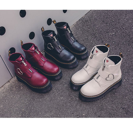 Teens Women's Short White Burgundy Black Platform Heart Lace-up Ankle Boots
