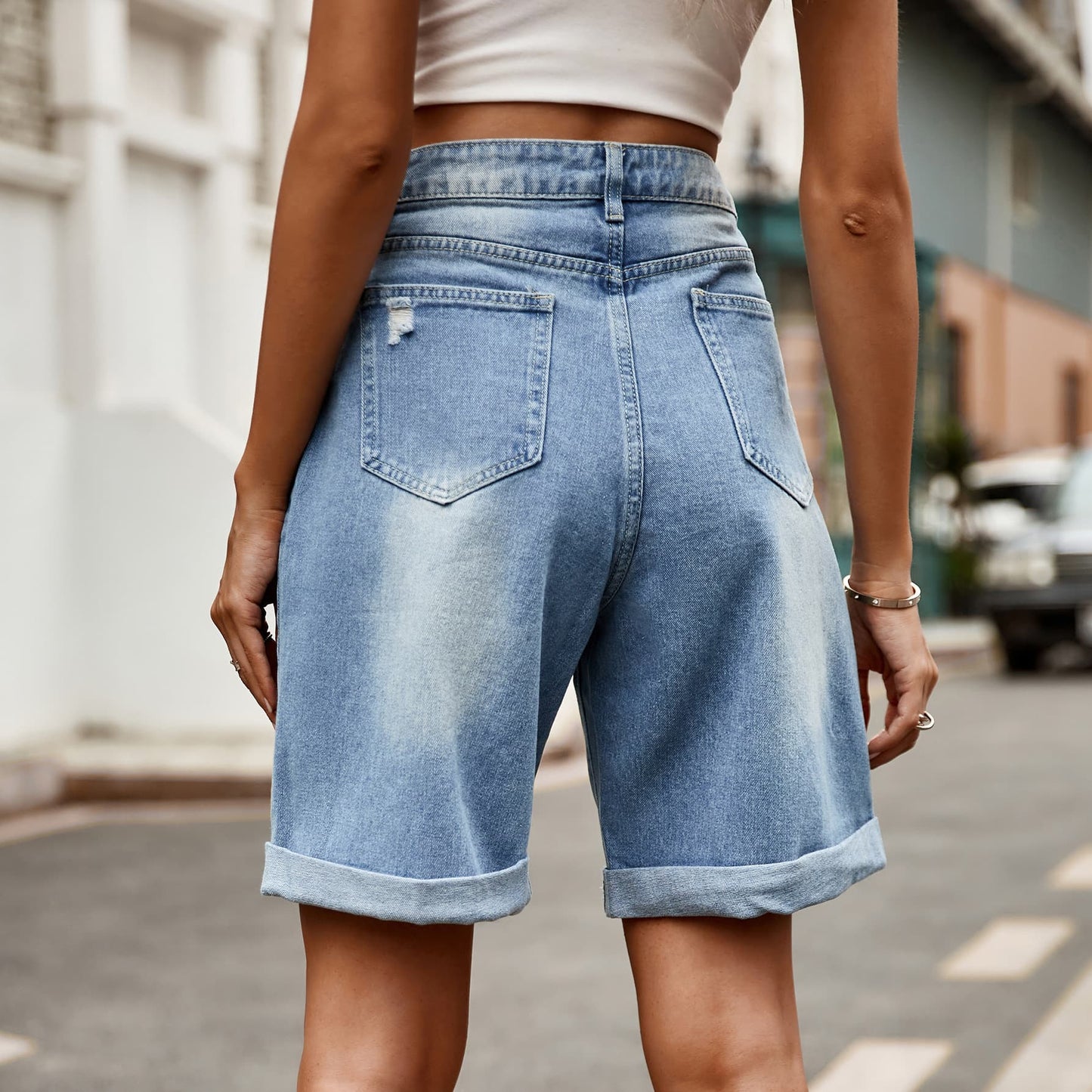 Women's Distressed Buttoned Denim Jean Shorts with Pockets