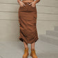 Women's Drawstring Ruched Slit Denim Midi Skirt