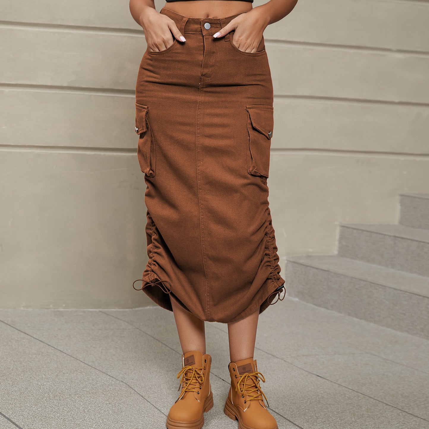 Women's Drawstring Ruched Slit Denim Midi Skirt