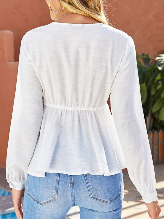 Women's Spliced Lace Plunge Tie Front Blouse