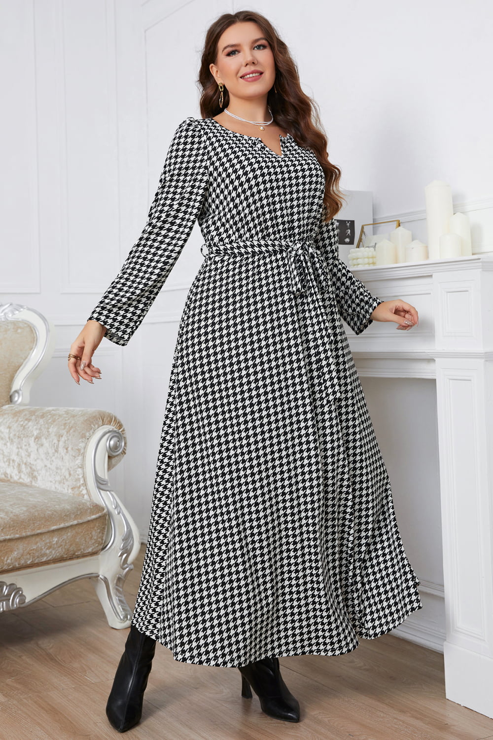 Women's Melo Plaid Plus Tie Belt Maxi Dress