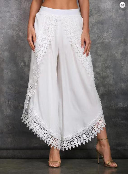 Women's Lace Trim Design Layered Denim Pants