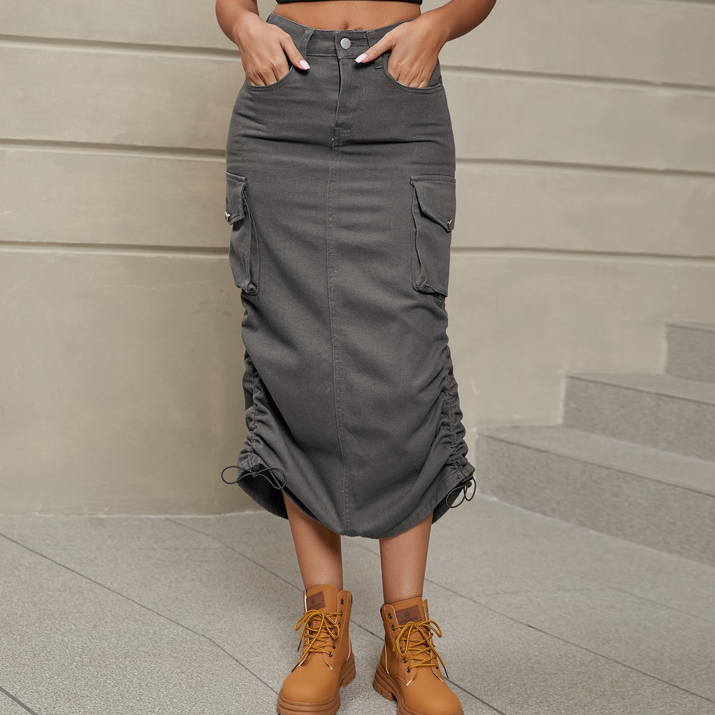 Women's Drawstring Ruched Slit Denim Midi Skirt
