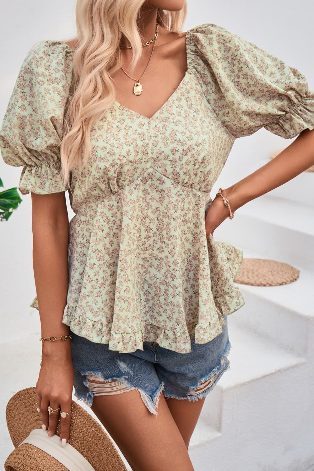 Women's V-Neck Flounce Sleeve Blouse
