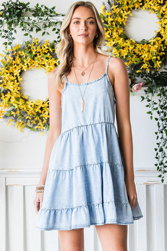 Women's Spaghetti Strap Tiered Denim Jean Loose Fit Dress