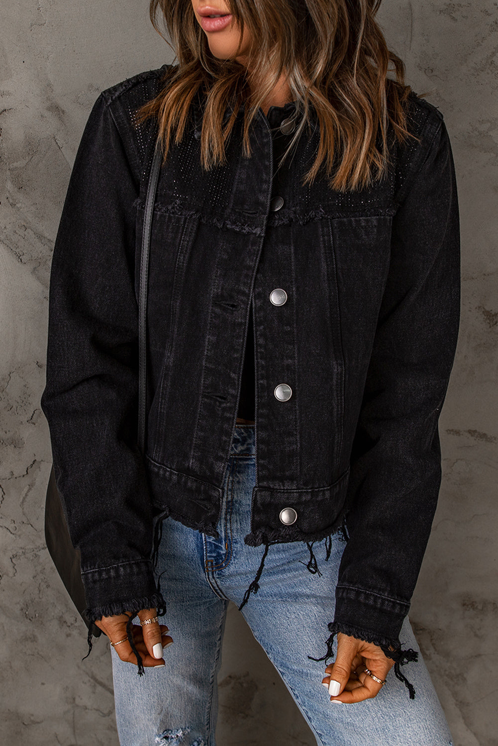 Women's Black Frayed Trim Button Down Denim Jacket