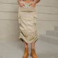 Women's Drawstring Ruched Slit Denim Midi Skirt