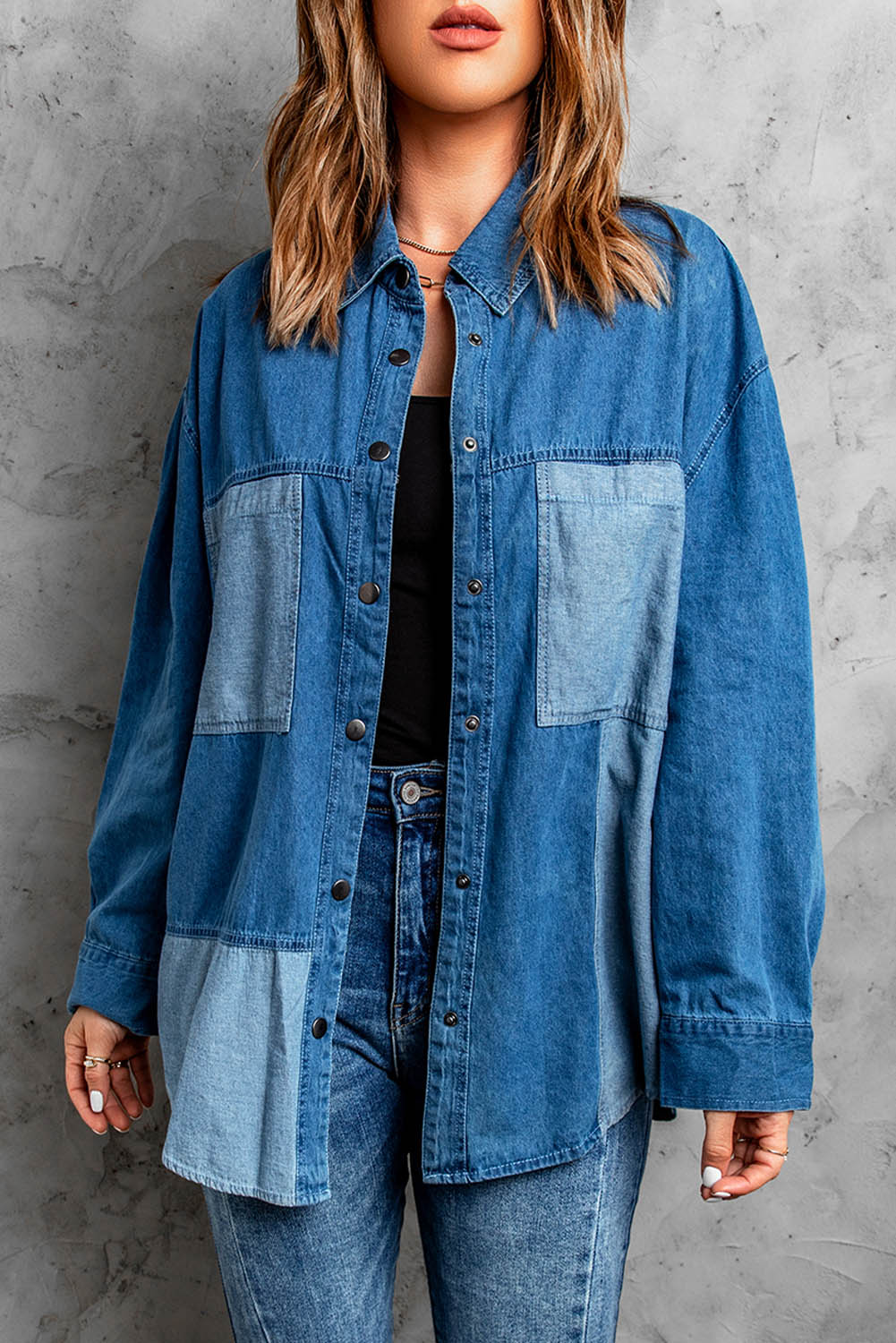 Women's Color Block Snap Denim Jacket