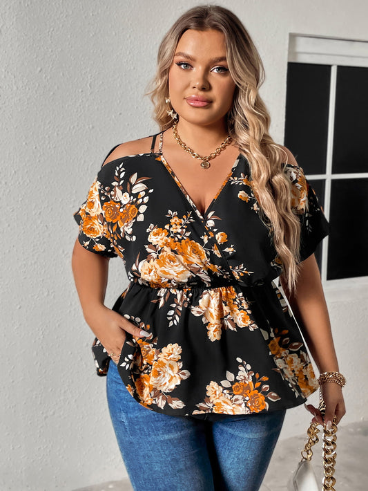 Women's Plus Size Floral Print Cold Shoulder Surplice Neck Blouse