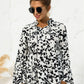 Women's Printed Flare Sleeve Tie Neck Ruffle Trim Blouse