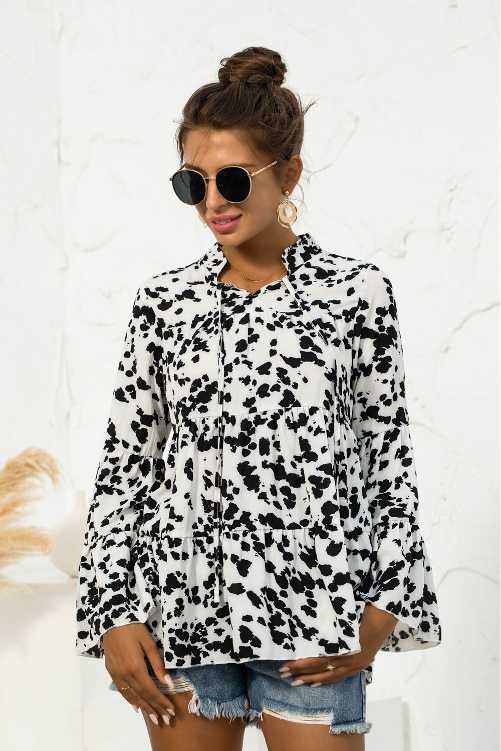 Women's Printed Flare Sleeve Tie Neck Ruffle Trim Blouse