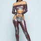 Women's Snake Foil Print Off Shoulder Long Sleeve Top With Waist Band Under Side Cut Open Pants Set