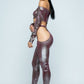 Women's Snake Foil Print Off Shoulder Long Sleeve Top With Waist Band Under Side Cut Open Pants Set