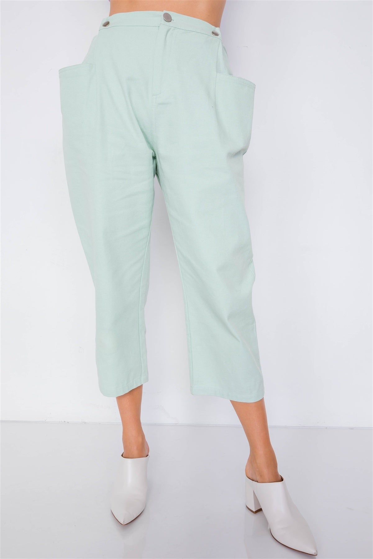 Women's Pastel Chic Solid Ankle Wide Leg Adjustable Snap Waist Pants