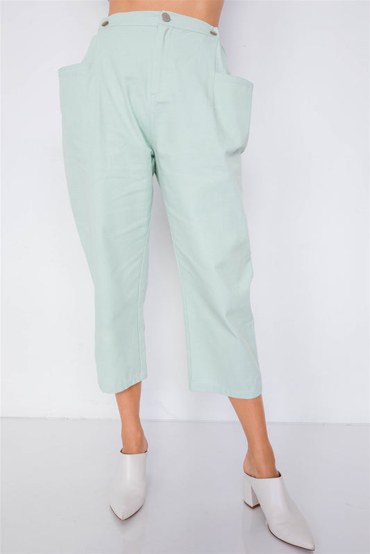 Women's Pastel Chic Solid Ankle Wide Leg Adjustable Snap Waist Pants