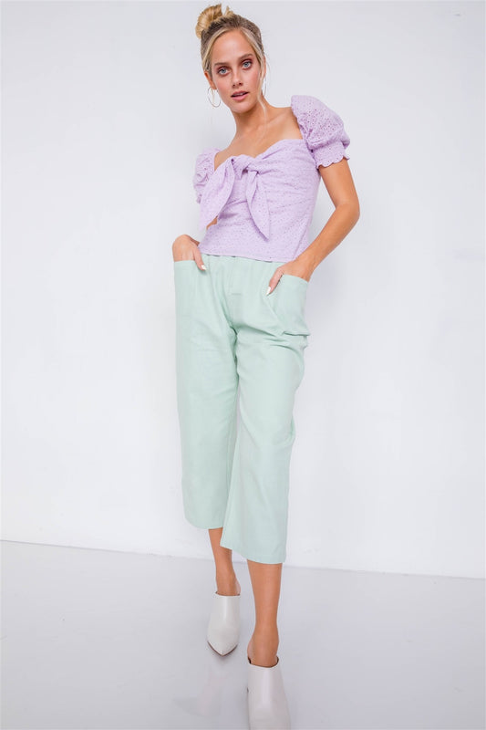 Women's Pastel Chic Solid Ankle Wide Leg Adjustable Snap Waist Pants