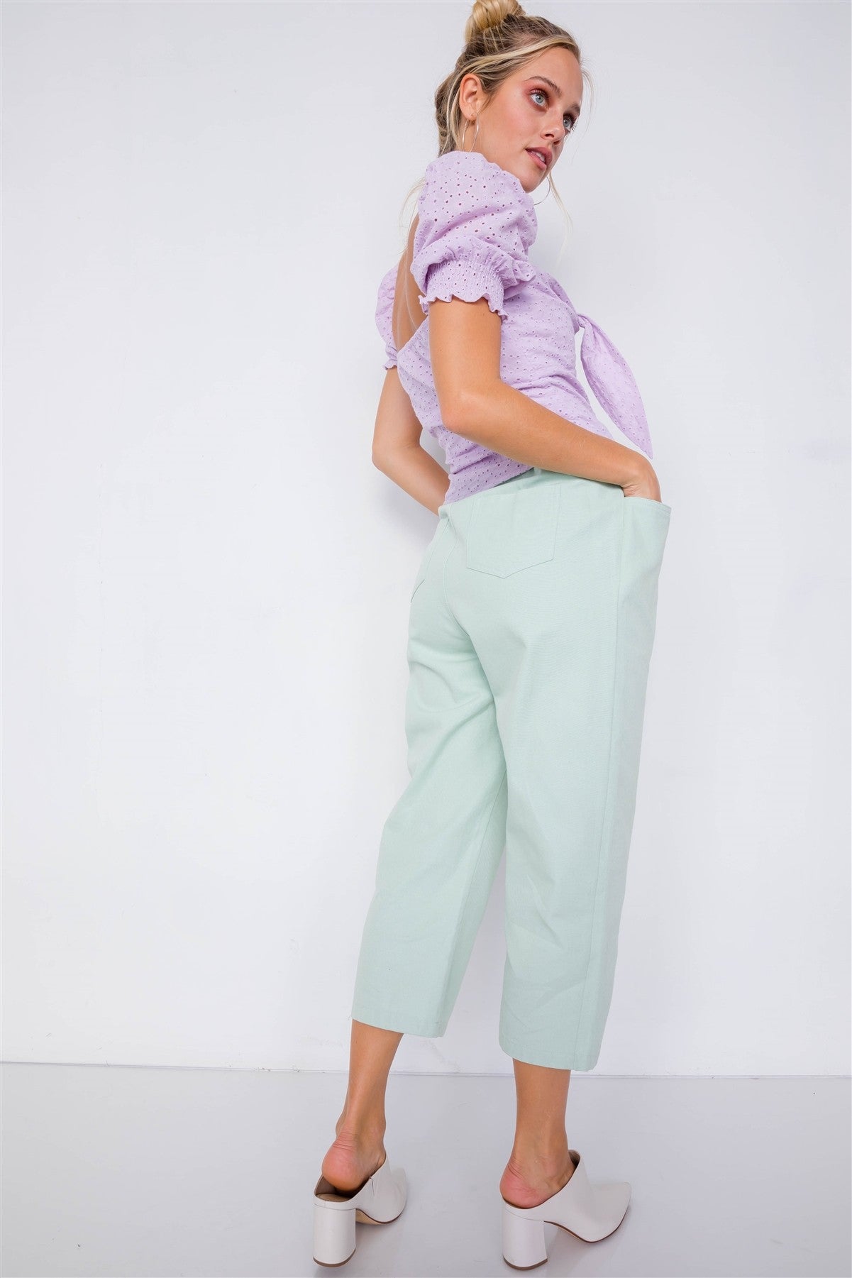 Women's Pastel Chic Solid Ankle Wide Leg Adjustable Snap Waist Pants
