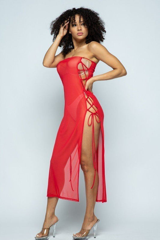 Women's Solid Mesh Side Lace Up Cover Up Dress