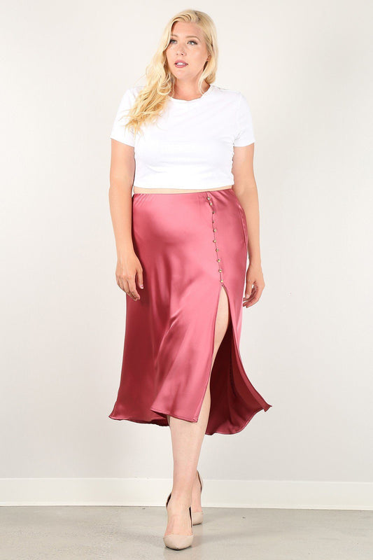 Women's Plus Solid High-waist Skirt With Button Trim And Side Slit